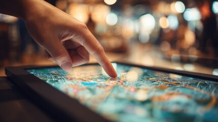 Closeup medium shot of a hand selecting a location on a digital instore map displayed on a mobile app with the background softly blurred for emphasis on user interaction.