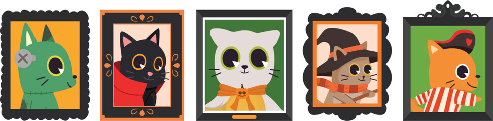 Halloween Cats Portraits in Frames Vector Illustration. Perfect for seasonal designs, party invitations, posters, greeting cards, and festive decorations.