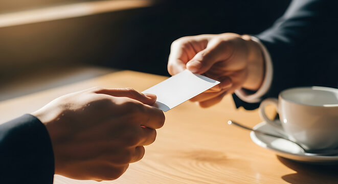 Two business professionals exchanging a blank white business card during a formal meeting - Powered by Adobe
