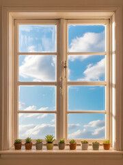 Fototapeta premium A bright and sunlit window is home to a collection of vibrant succulents in small pots, with a cloudy blue sky visible through the glass
