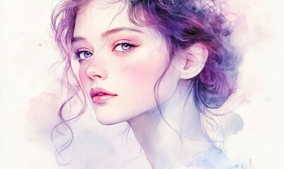 Watercolor portrait of a young woman with purple hair and soft features
