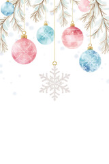 Colorful Christmas ornaments and a snowflake hanging from branches in a winter scene