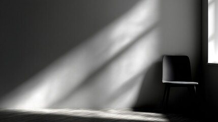 Black and white photograph of an empty room with a chair on the right side. the chair is facing towards the left side of the image and is positioned in front of a large window on the wall.
