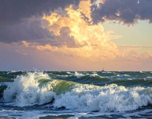 Dramatic seascape at sunset, with towering clouds and powerful waves crashing against the shore.