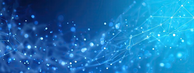 Abstract blue background with glowing dots and lines.