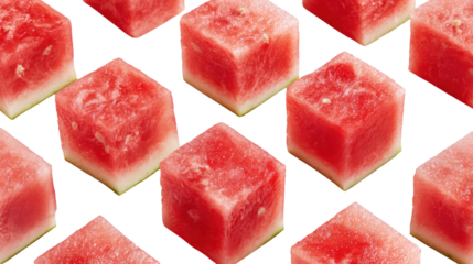 Freshly cut watermelon cubes isolated on transparent background