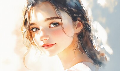 Watercolor portrait of a young woman with gentle gaze and soft light