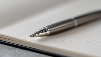 Close-up of a pen resting on top of an open notebook. the pen has a silver body with a pointed tip and a black body. the notebook appears to be a hardcover with a white cover.
