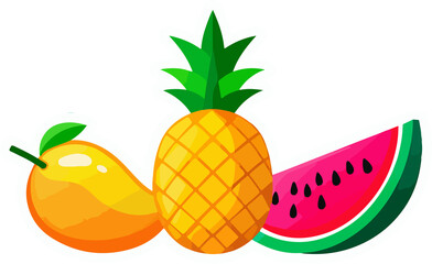 A colorful collection of fresh, ripe, and juicy fruit illustrations including apples, oranges, pineapples, and lemons