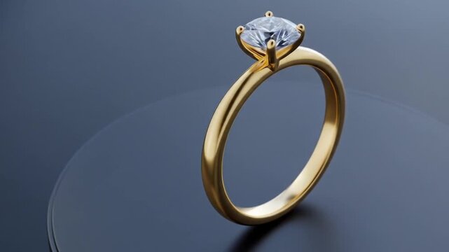 A golden engagement ring with a brilliant solitaire diamond is showcased on a dark, modern surface.