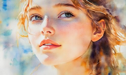 Watercolor Painting of Young Woman Looking Upward with Gentle and Dreamy Aesthetic