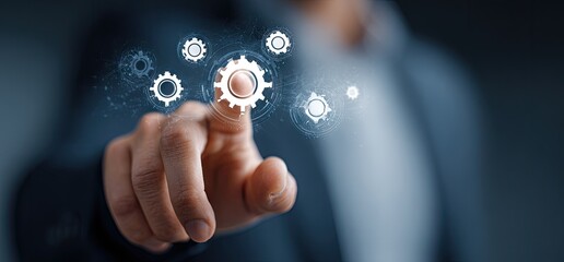 Person touching digital gears, business process automation concept.