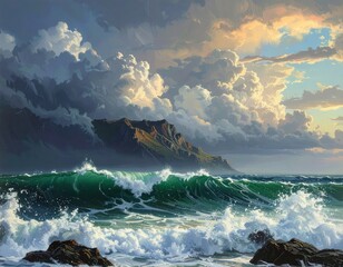Dramatic coastal scene portrays a powerful ocean wave crashing against a rocky shore beneath a stormy sky.
