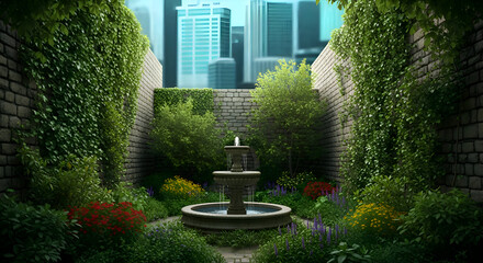 Serene Garden Oasis with Fountain and Urban Backdrop