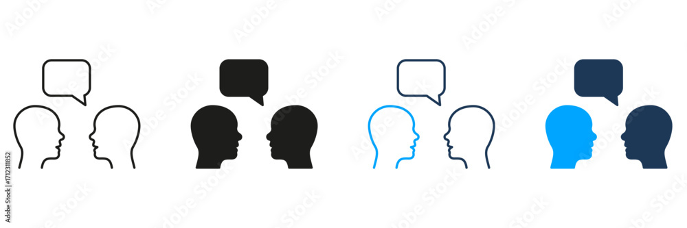 Poster two people communicating with speech bubble line and solid icon set. dialogue, conversation, and com