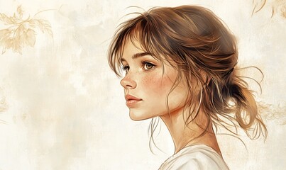 Portrait of a Young Woman with Brown Hair and Freckles in Sketch Style