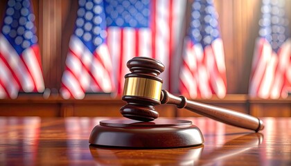Gavel on table, American flags blurred background
