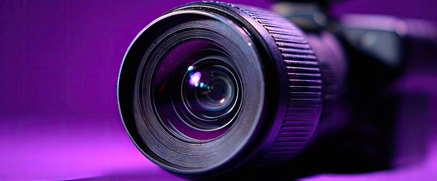 Close-up of a professional camera lens with purple background.
