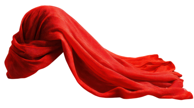 Flowing red fabric with intricate patterns isolated on transparent background