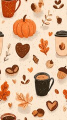 A charming autumnal pattern featuring coffee cups, pumpkins, acorns, leaves, and chocolate hearts on a beige background