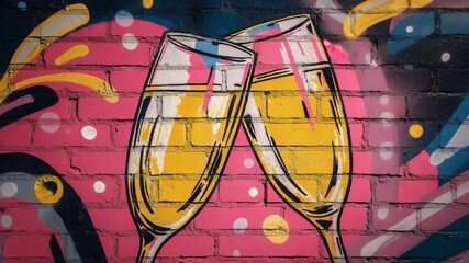 Dynamic Change Color Graffiti Street Art of Champagne Glasses Toast on Urban Brick Wall, Festive Pop Art Mural with Celebration, New Year Party, Anniversary and Holiday Vibes, Video - Powered by Adobe