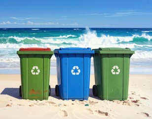Three colorful recycling bins stand on a sandy beach, against a backdrop of crashing waves and a vibrant blue sky.