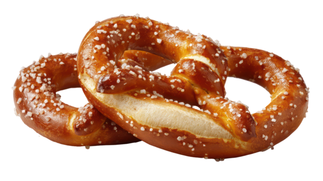 Two delicious pretzels with salt sprinkled isolated on transparent background