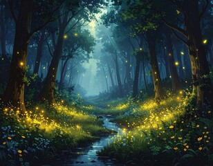 A mystical forest path, illuminated by glowing fireflies, winds through lush greenery and a tranquil stream at night.
