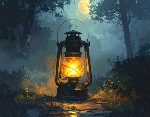 A vintage kerosene lamp illuminates a misty forest path under a luminous full moon.