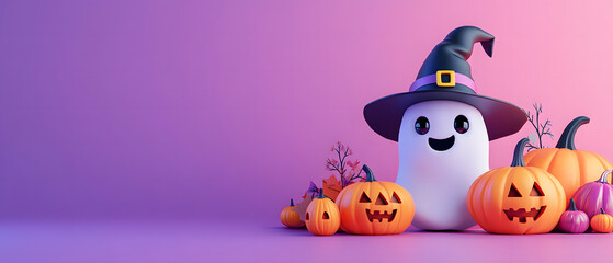 Happy Halloween party invitation with purple background surrounded by pumpkins, ghosts, and graves,