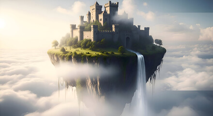 Fantasy Castle Floating Island with Waterfall in Cloudy Sky