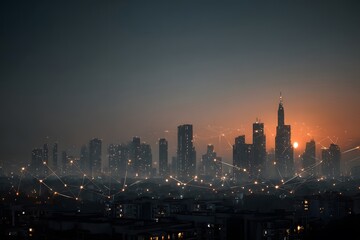 Fototapeta premium Vibrant photograph of a futuristic city skyline at twilight, bathed in orange and cyan light. Glowing digital data network lines connect the skyscrapers, representing a smart city and global connectiv