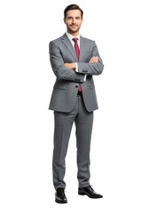 A businessman in a suit, arms crossed confidently, standing straight, facing the camera isolated on white or transparent background