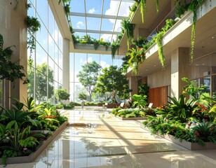 A sun-drenched atrium, filled with lush greenery and natural light, showcases a modern, tranquil interior space.