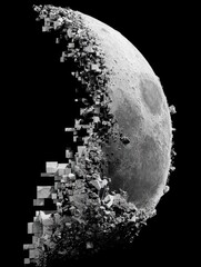 A grayscale image depicts a lunar surface fragmented on its left side, appearing as though crumbling or disintegrating into cubic shapes against a pitch-black backdrop