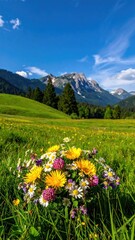 Obraz premium Lush meadow bouquet with mountains