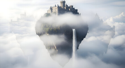 Fantasy Castle on Floating Island Above Clouds