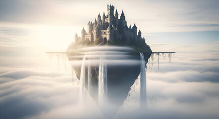Fantasy Castle on Floating Island Above Clouds