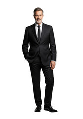 A middle-aged businessman in a black suit, one hand in pocket, relaxed standing pose, looking at the camera isolated on white or transparent background