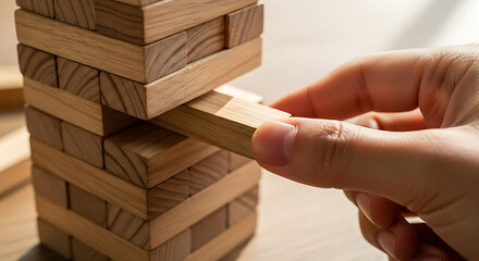A close up shot of a hand carefully pulling a wooden block from a precarious tower structure