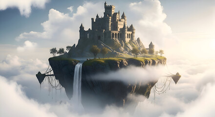 Fantasy Castle Floating in Clouds Illustration