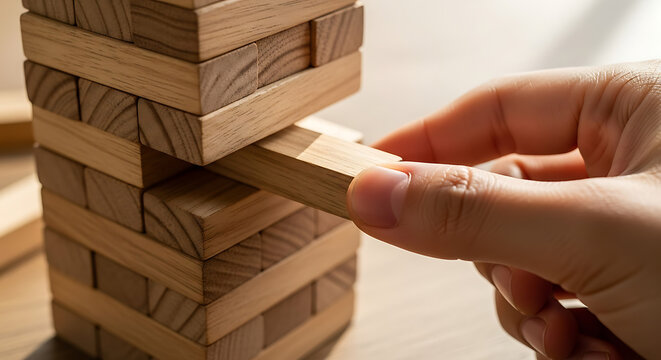 A close up shot of a hand carefully pulling a wooden block from a precarious tower structure
