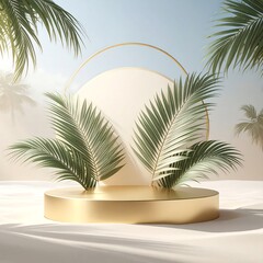 Golden podium with palm leaves, soft light