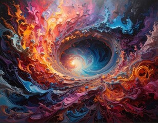A vibrant, swirling vortex of color and texture, showcasing a mesmerizing abstract design with dynamic forms and a central point of focus.
