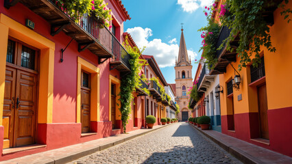 Fototapeta premium Charming street in colorful town, featuring vibrant buildings, cobblestone path, and church steeple in background, evoking warm atmosphere