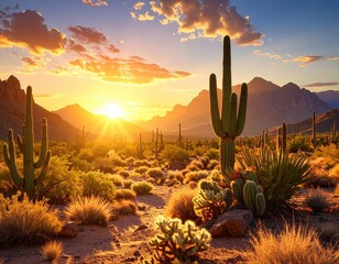 A breathtaking desert landscape bathed in the warm golden light of a vibrant sunset.