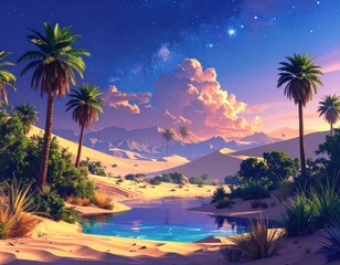 A serene oasis nestled within a desert landscape, bathed in the warm hues of a starlit evening. Lush vegetation surrounds a tranquil pool of water, reflecting the vibrant sky above.