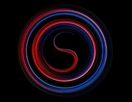 Abstract swirling concentric circles of red and blue light on black background