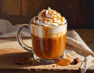 A detailed illustration of a glass mug filled with a rich, caramel-drizzled coffee drink topped with fluffy whipped cream.