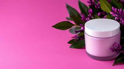 Pink cosmetic cream jar with purple flowers and green leaves on bright pink background, beauty product packaging mockup for skincare and cosmetics industry.